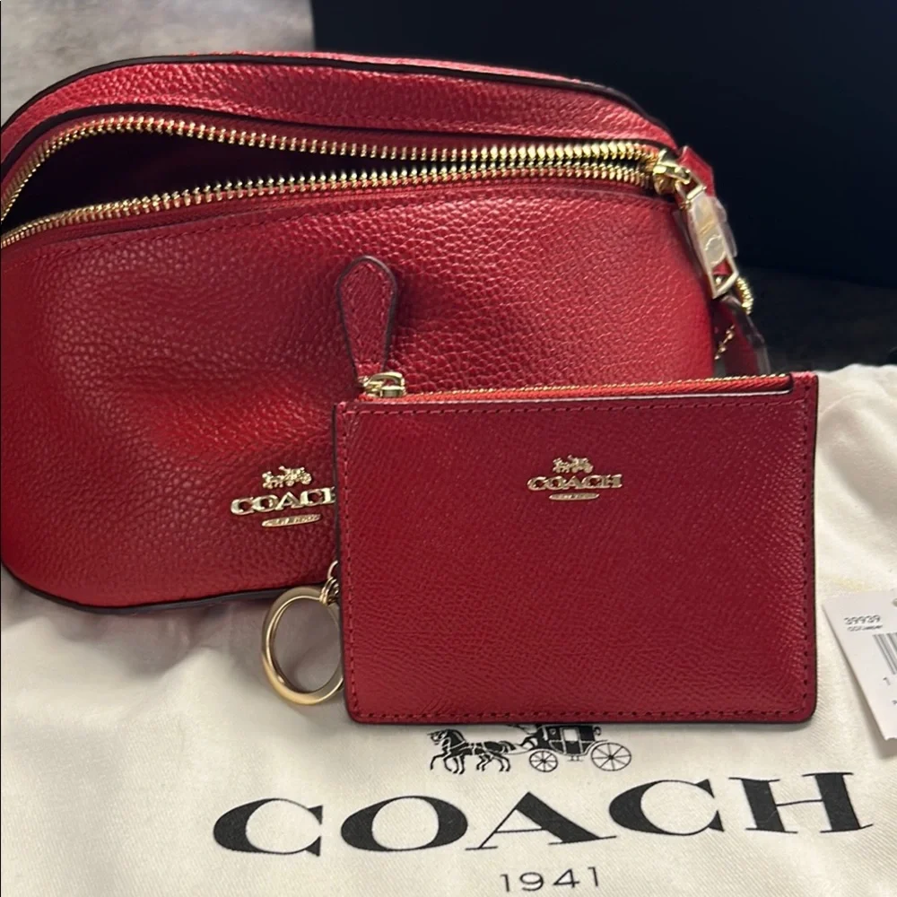 Coach Red Pebbled Leather Crossbody Belt Bag with Matching Card Case